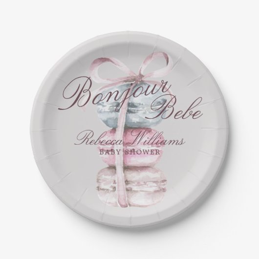 Baby shower van de Franse Macaron Bonjour Bebe Papieren Bordje (Voorkant)
