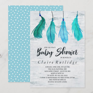 Baby shower van de geboorte en blauwe veren kaart