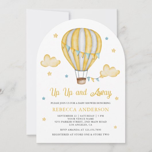 Baby shower van de Gele Hot Air ballon omhoog en w Kaart (Voorkant)