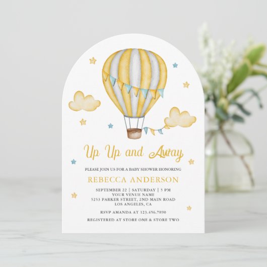 Baby shower van de Gele Hot Air ballon omhoog en w Kaart (Staand voorkant)