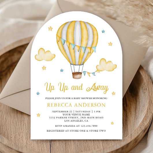 Baby shower van de Gele Hot Air ballon omhoog en w Kaart