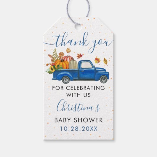 Baby shower van de herfst Pumpkin Blue Truck Harte Cadeaulabel (Voorkant)
