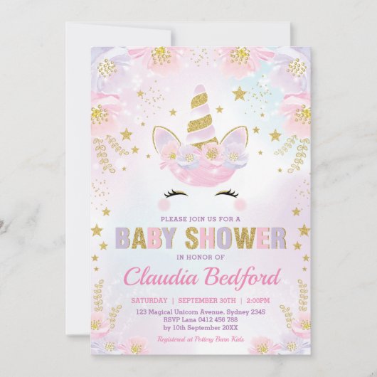 Baby shower van de Magische Unicorn / Pastel Pink  Kaart (Voorkant)