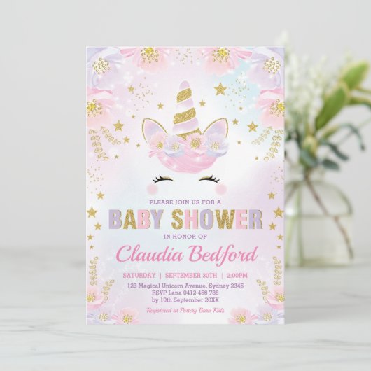 Baby shower van de Magische Unicorn / Pastel Pink  Kaart (Staand voorkant)