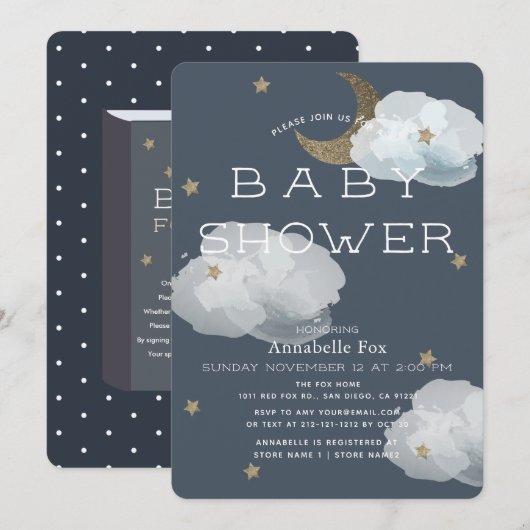 Baby shower van de marine van moon, sterren en wol kaart (Voorkant / Achterkant)