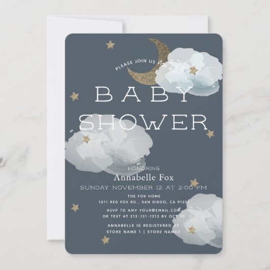 Baby shower van de marine van moon, sterren en wol kaart (Voorkant)