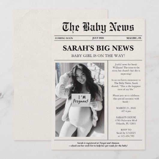 Baby shower van de moderne fotokrant kaart (Voorkant / Achterkant)