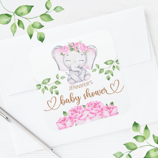 Baby shower van de olifant en de bloem van het mei vierkante sticker