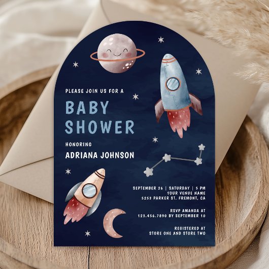 Baby shower van de Outer Space Planets Rocket Navy Kaart