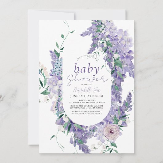 Baby shower van de Paarse Waterverf Wisteria Dusty Kaart (Voorkant)