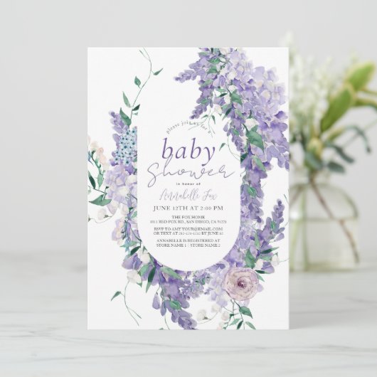 Baby shower van de Paarse Waterverf Wisteria Dusty Kaart (Staand voorkant)