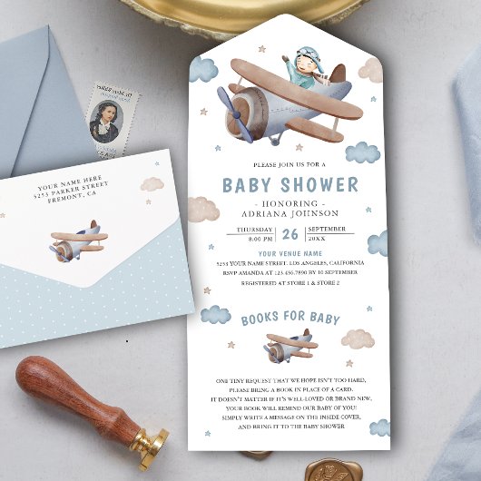 Baby shower van de piloot van het -retroblauw-vlie all in one uitnodiging