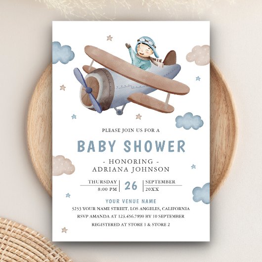 Baby shower van de piloot van het -retroblauw-vlie kaart