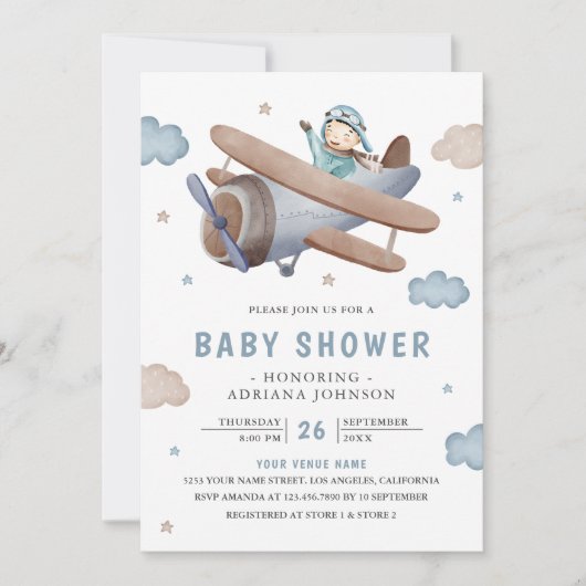 Baby shower van de piloot van het -retroblauw-vlie kaart (Voorkant)
