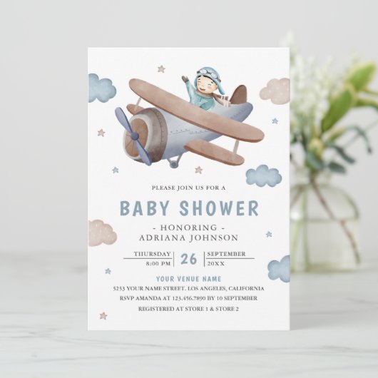 Baby shower van de piloot van het -retroblauw-vlie kaart (Staand voorkant)