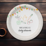 Baby shower van de plaatselijke landbouwmarkt papieren bordje<br><div class="desc">Deze leuke Farmers Market thema baby showers papieren borden bieden een genderneutraal ontwerp met eenvoudige illustraties van een verscheidenheid aan groenten,  een wateremmer en veelkleurige wimpelbanners.</div>