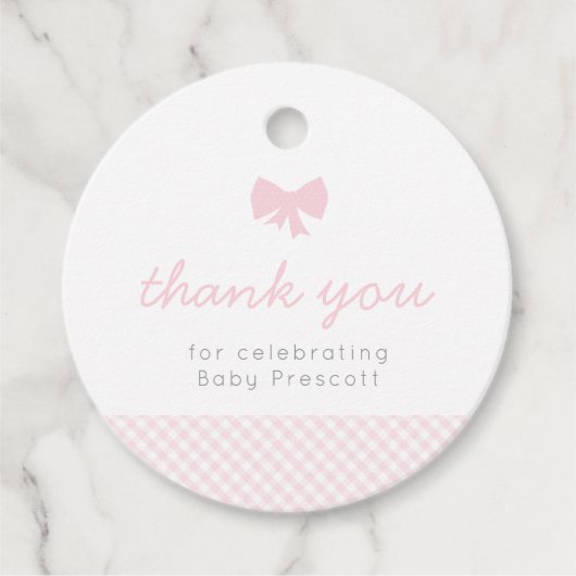 Baby shower van de roze boog van Gingham Bedankjes Labels (Voorkant)
