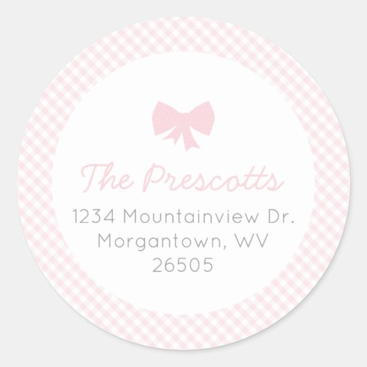 Baby shower van de roze boog van Gingham Ronde Sticker (Voorkant)