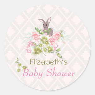 Baby shower van de roze Floral Cute Bunny Ronde Sticker