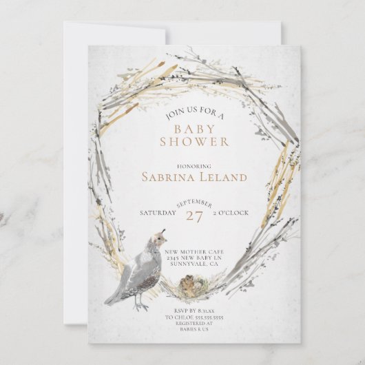 Baby shower van de Rustige Quail- en Baby Nest-Wat Kaart (Voorkant)