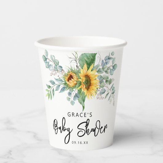 Baby shower van de Rustige zonnebloem Eucalyptus G Papieren Bekers (Voorkant)