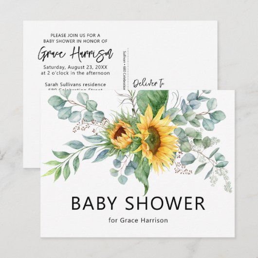 Baby shower van de Rustige zonnebloem Eucalyptus G Uitnodiging Briefkaart (Voorkant / Achterkant)
