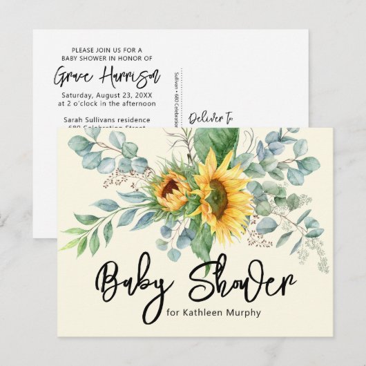 Baby shower van de Rustige zonnebloem Eucalyptus G Uitnodiging Briefkaart (Voorkant / Achterkant)