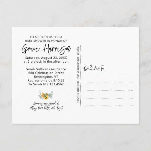 Baby shower van de Rustige zonnebloem Eucalyptus G Uitnodiging Briefkaart (Achterkant)