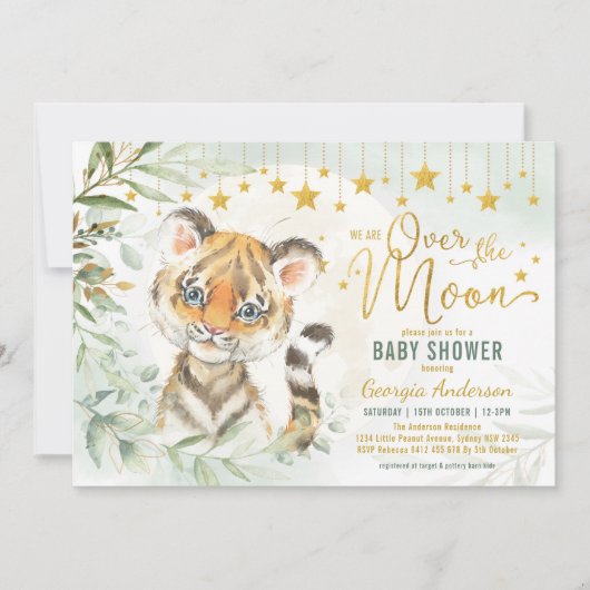 Baby shower van de tijgermantel Moon & Stars Green Kaart (Voorkant)
