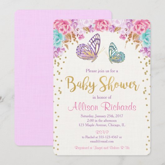 Baby shower van de vlinder, roze paars goudmeisje kaart (Voorkant / Achterkant)