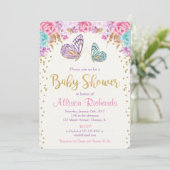 Baby shower van de vlinder, roze paars goudmeisje kaart (Staand voorkant)