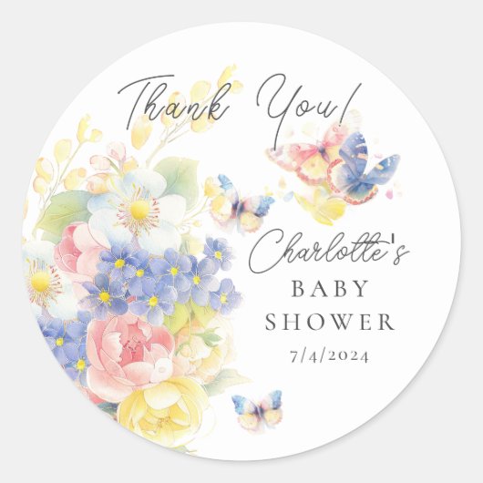 Baby shower van de vlindertuin ronde sticker (Voorkant)
