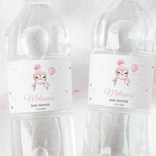 Baby shower van de winterpinguïn waterfles etiket