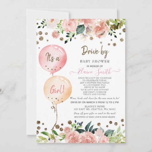 Baby shower van een luchtballon Roze Floral Girl Kaart (Voorkant)