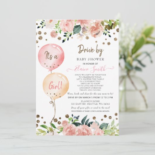 Baby shower van een luchtballon Roze Floral Girl Kaart (Staand voorkant)