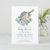 Baby shower van een mooie Unicorn Blue Floral Boys Kaart (Staand voorkant)