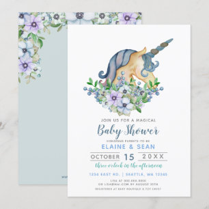Baby shower van een mooie Unicorn Blue Floral Boys Kaart