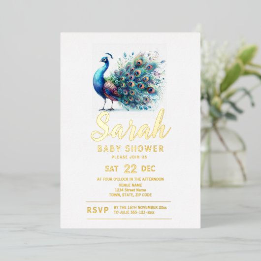 Baby shower van een pauw folie uitnodiging (Staand Voorkant)