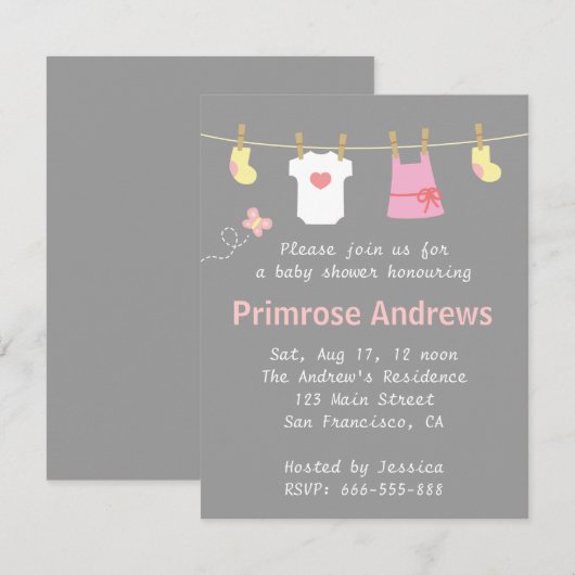 Baby shower van Elegant en Cute Girl, grijze achte Kaart (Voorkant / Achterkant)