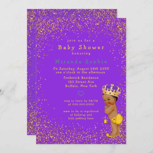 Baby shower van Etnische Prins Paars en Gold Boy Kaart (Voorkant / Achterkant)