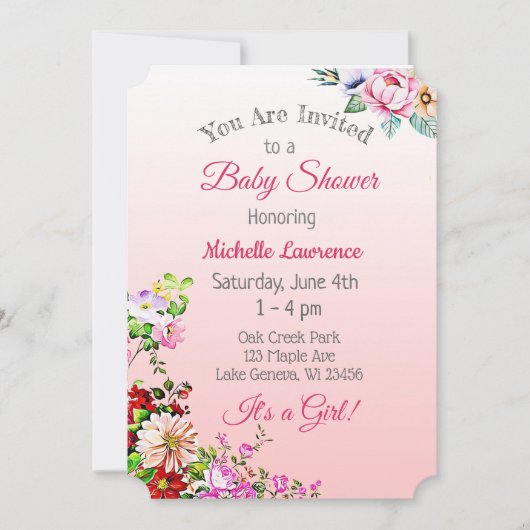  Baby shower van Floral Pink Girl Kaart (Voorkant)