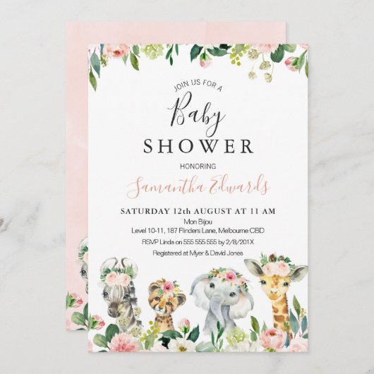 Baby shower van Floral Safari Animals Kaart (Voorkant / Achterkant)