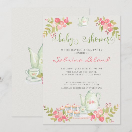 Baby shower van Floral Tea Party Kaart (Voorkant / Achterkant)