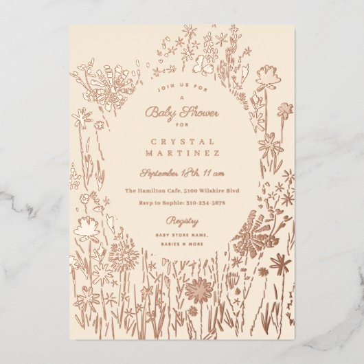 Baby shower van geborduurde wilde bloemen folie uitnodiging (Voorkant)