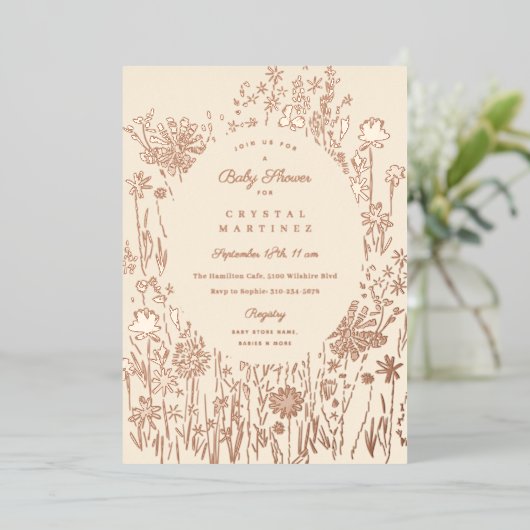 Baby shower van geborduurde wilde bloemen folie uitnodiging (Staand Voorkant)
