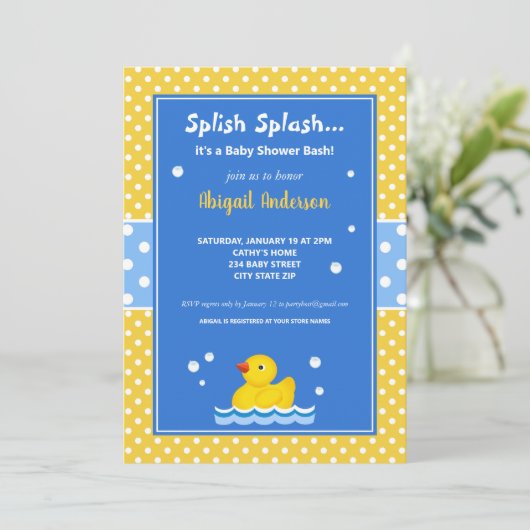 Baby shower van gele en blauwe duck Polka Dots Kaart (Staand voorkant)