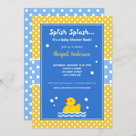 Baby shower van gele en blauwe duck Polka Dots Kaart (Voorkant / Achterkant)