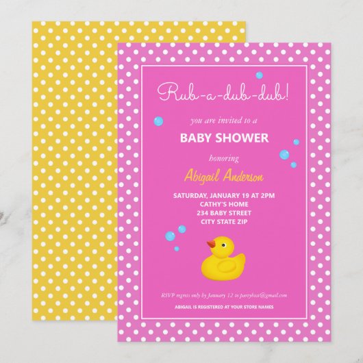 Baby shower van gele en roze duck Polka Dots Kaart (Voorkant / Achterkant)