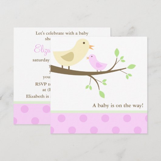 Baby shower van gele en roze vogels kaart (Voorkant / Achterkant)