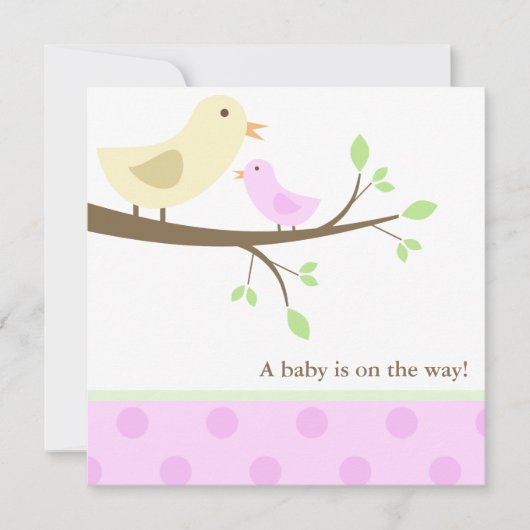 Baby shower van gele en roze vogels kaart (Voorkant)